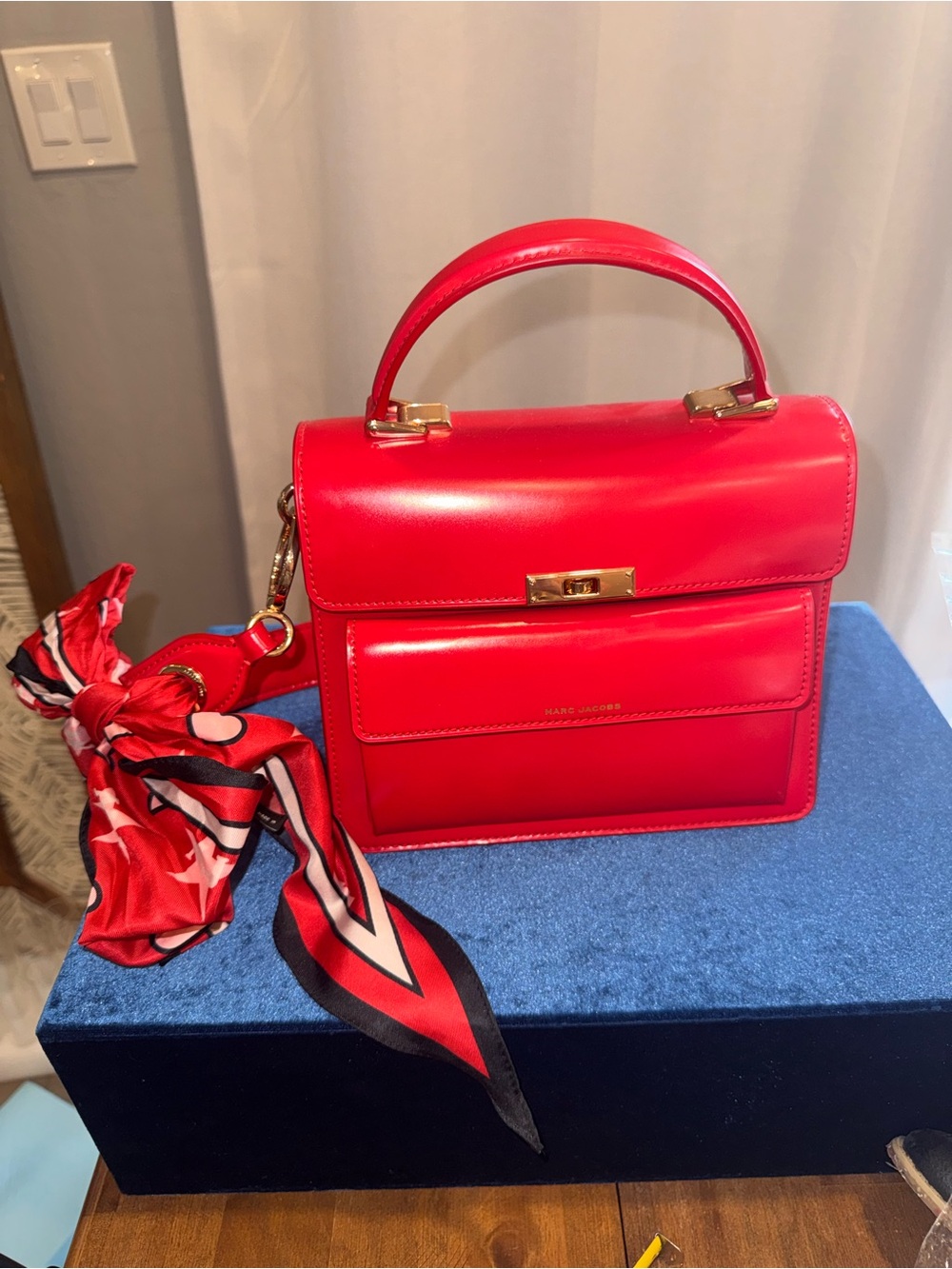 Marc Jacobs Bright Red Leather Top-Handle Satchel with Scarf Accent